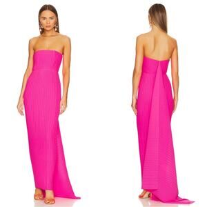 SOLACE LONDON Harlee Strapless Pleated Chiffon Train Hot Pink Maxi Dress Size 4